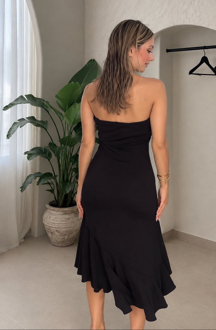 Strapless Ruffle Midi Dress in Black, photo 2 of 2