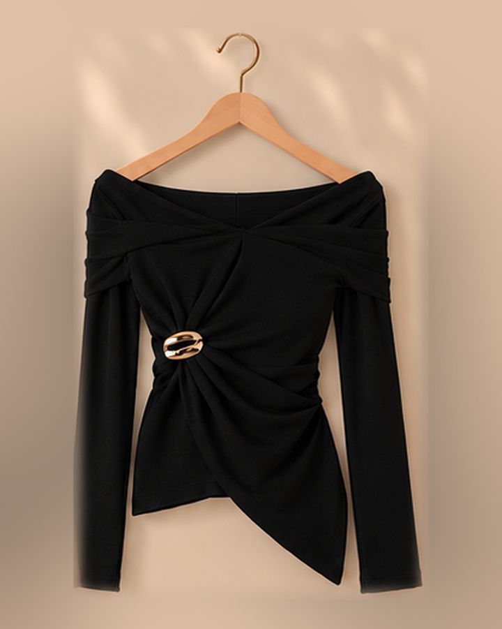 Off-Shoulder Gold Buckle Top in Black