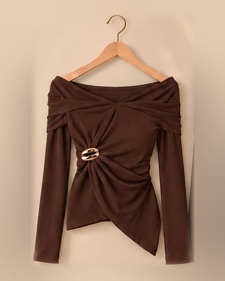 Off-Shoulder Gold Buckle Top in Brown