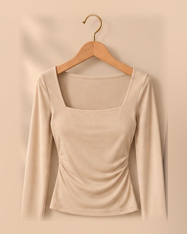 Square Neck Ruched Top in Beige