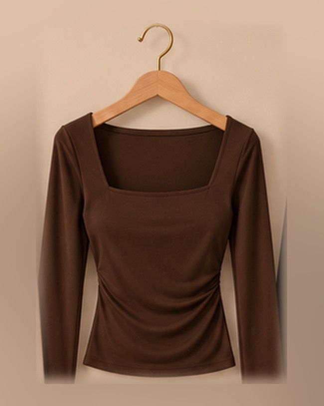 Square Neck Ruched Top in Brown